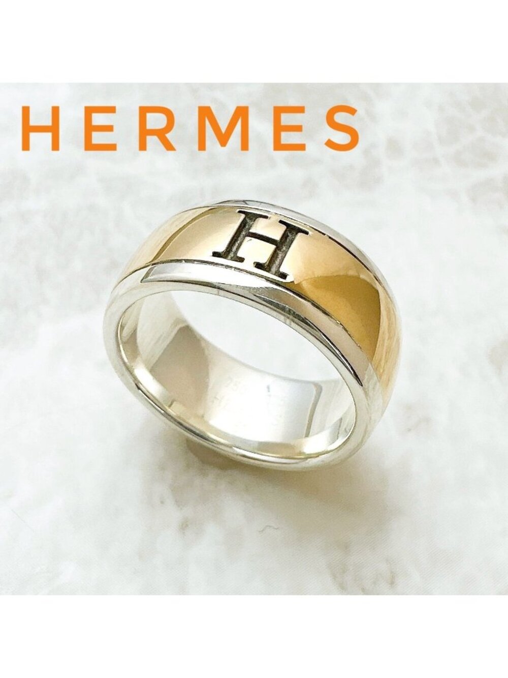 Hermes H Logo Yellow Gold Silver Ring
